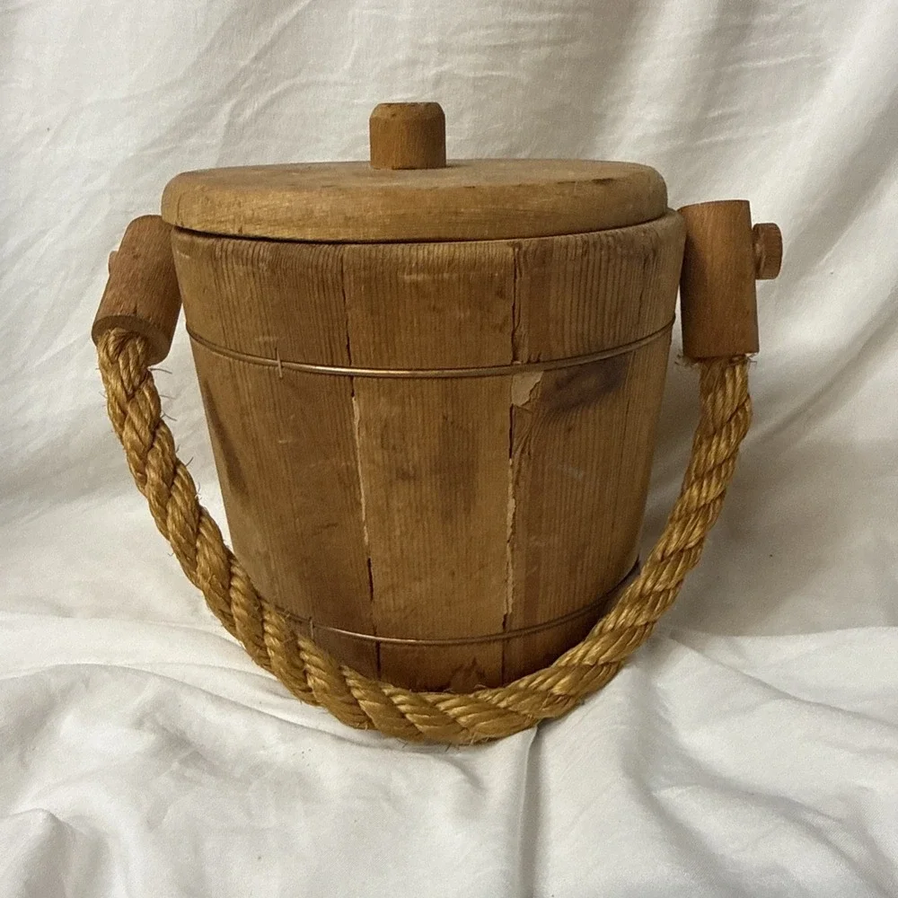 Vintage Wooden Firkin Sugar Bucket Copper Wire Band Rope Well Pail Cottagecore